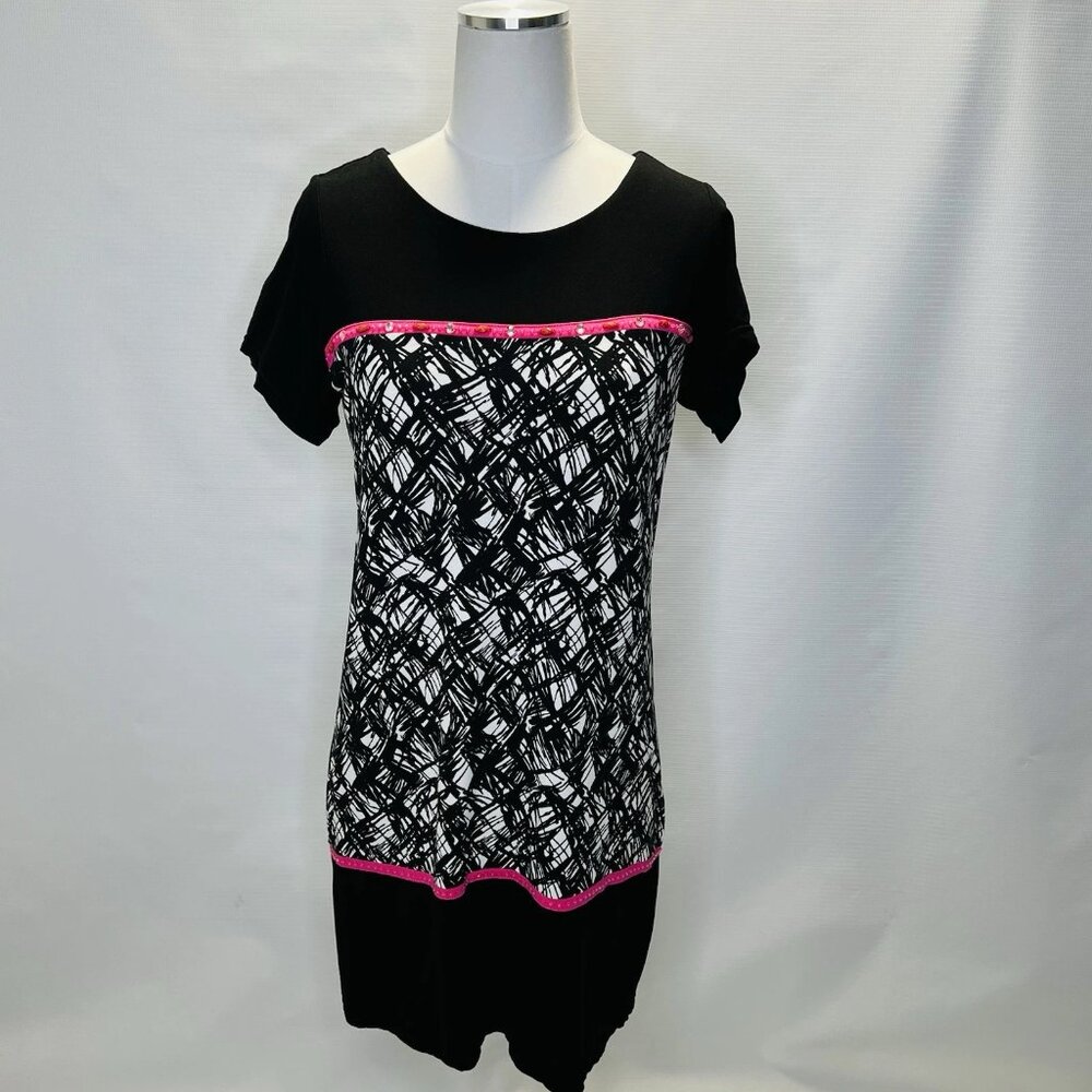Joyous Free Dress Women’s Size Medium Black Pink Colorful Print Short Sleeve